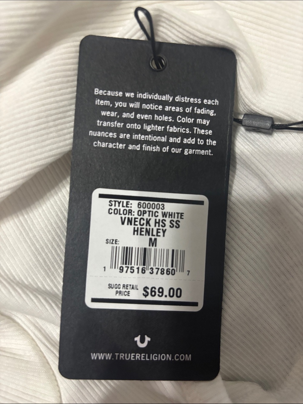 True Religion White Short Sleeve V-Neck Tee with Rhinestone Horseshoe - Picture 3 of 3